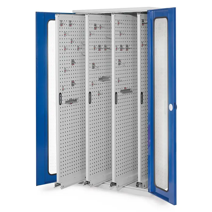 Kappes Metall-Mehrzweckschrank ®RasterPlan Vertikalschränke 1950x1000x600mm Modell 83 Sichtfenstertüren - Enzianblau - Blau-weißer Metall-Werkzeugschrank mit verschiebbaren Lochplatten und Haken.