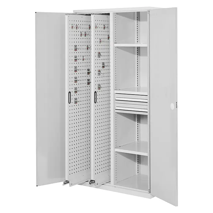 Kappes Metall-Mehrzweckschrank ®RasterPlan Vertikalschränke 1950x1000x600mm Modell 81 Doppelwandtüren l - 60 cm x 1.000 cm x 1,95 m, Lichtgrau - Weißer Metallschrank mit offenen Türen, mit verschiebbaren Lochplatten mit Haken, Regalen und Schubladen für vielseitige Aufbewahrung.