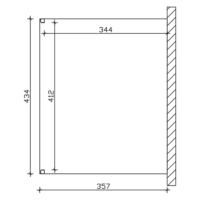 SKAN HOLZ Terrassenüberdachung Genua - B x T: 434 x 357 cm, Anthrazit, Polycarbonat, Transparent - Technische Zeichnung eines rechteckigen Rahmens mit Gesamtmaßen 434x357 und Innenmaßen 412x344, an einer Wand montiert.