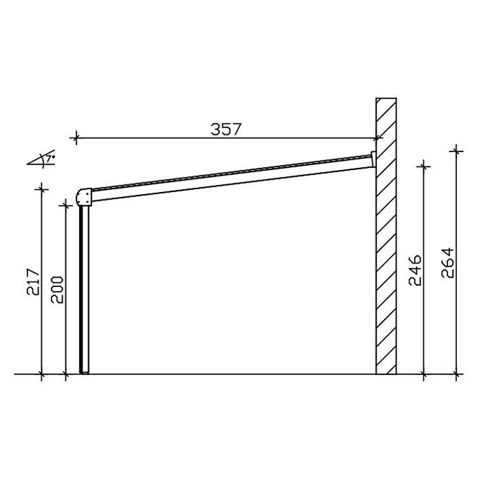 SKAN HOLZ Terrassenüberdachung Genua - B x T: 434 x 357 cm, Anthrazit, Polycarbonat, Transparent - Technische Zeichnung einer wandmontierten Schrägmarkise mit 7° Neigung und Maßen.