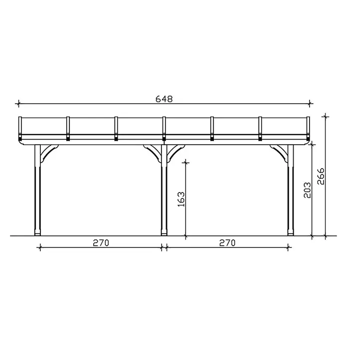 SKAN HOLZ Terrassenüberdachung Rimini - B x T: 648 x 300 cm, Nussbaum, Polycarbonat, Transparent - Linienzeichnung einer erhöhten Plattform mit Geländer, gestützt von Pfosten. Detaillierte Maße für Länge, Höhe und Abstände sind angegeben.