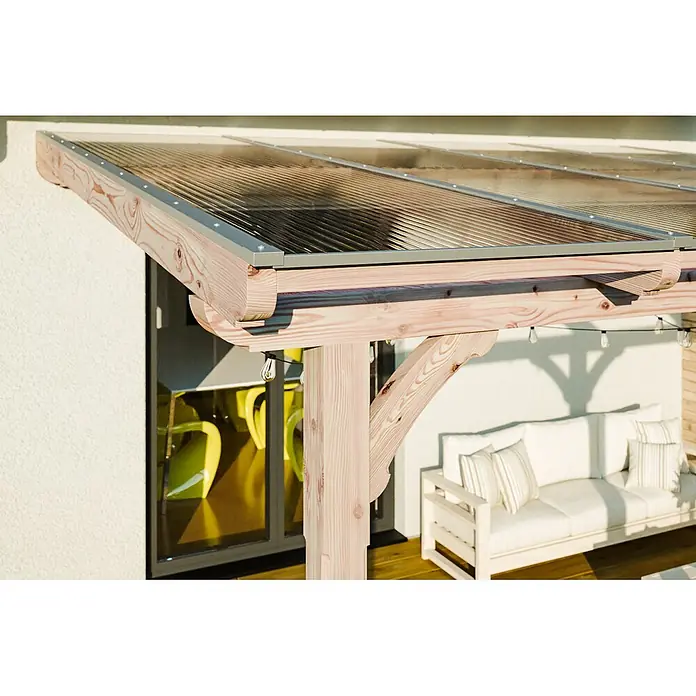 SKAN HOLZ Terrassenüberdachung Rimini - B x T: 541 x 250 cm, Natur, Polycarbonat, Transparent - Hölzernes Terrassendach mit transparenten Wellplatten über einem Außenbereich.