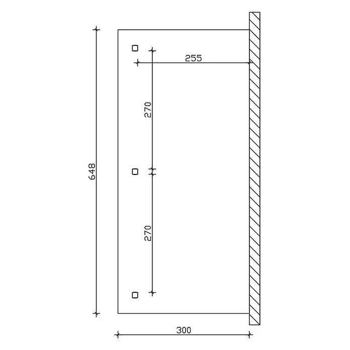 SKAN HOLZ Terrassenüberdachung Rimini - B x T: 648 x 300 cm, Nussbaum, Polycarbonat, Transparent - Technische Zeichnung eines rechteckigen Paneels mit drei quadratischen Befestigungslöchern und Installationsmaßen.