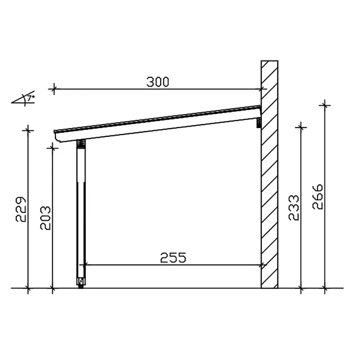SKAN HOLZ Terrassenüberdachung Rimini - B x T: 541 x 300 cm, Nussbaum, Polycarbonat, Transparent - Technische Zeichnung eines Pultdachs oder Carports mit 7° Neigung, zeigt wichtige Baudimensionen.