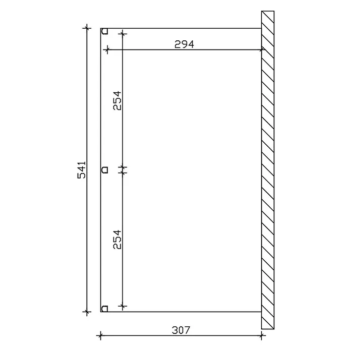 SKAN HOLZ Terrassenüberdachung Garda - B x T: 541 x 307 cm, Weiß, Polycarbonat, Transparent - Technische Zeichnung eines C-förmigen Rahmens, links offen, an einer Wand montiert, mit detaillierten Maßen.