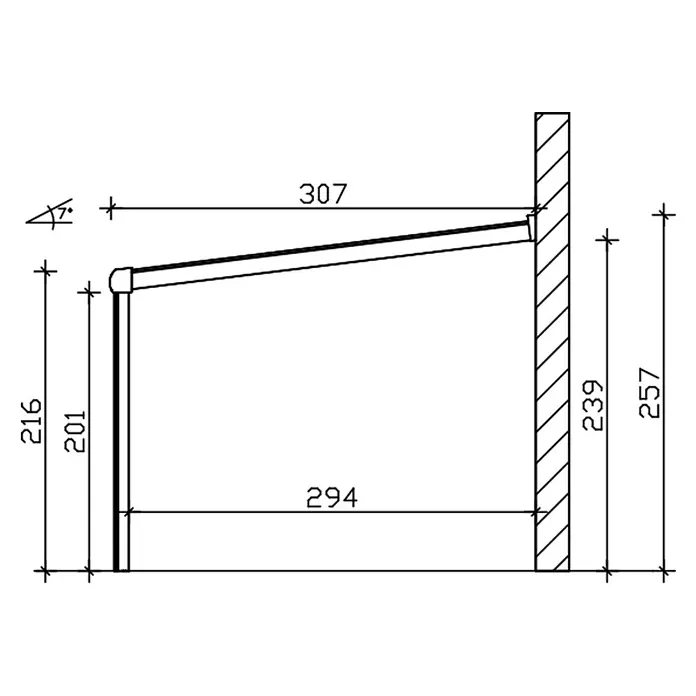 SKAN HOLZ Terrassenüberdachung Garda - B x T: 648 x 307 cm, Weiß, Polycarbonat, Transparent - Technische Zeichnung einer Markise mit Maßen und 7-Grad-Neigung.