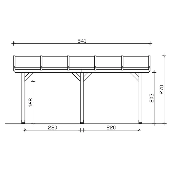 SKAN HOLZ Terrassenüberdachung Andria - B x T: 541 x 350 cm, Natur, Polycarbonat, Transparent - Seitenansicht einer erhöhten Holzterrasse mit Geländer und Stützpfosten, mit Gesamtabmessungen.