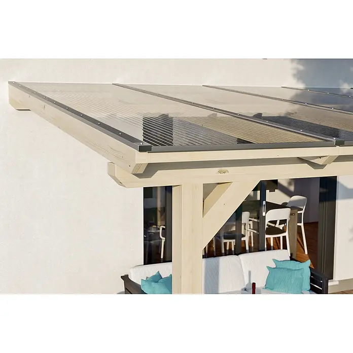 SKAN HOLZ Terrassenüberdachung Andria - B x T: 541 x 350 cm, Natur, Polycarbonat, Transparent - Helle Holzpergola mit transparenten Wellplatten als Dach, schützt einen Terrassen-Sitzbereich.