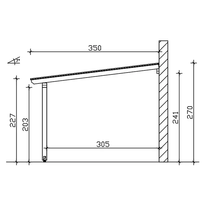 SKAN HOLZ Terrassenüberdachung Andria - B x T: 541 x 350 cm, Natur, Polycarbonat, Transparent - Technische Seitenansicht eines Pultdachs mit Stützpfosten, Maße und 7-Grad-Dachneigung.