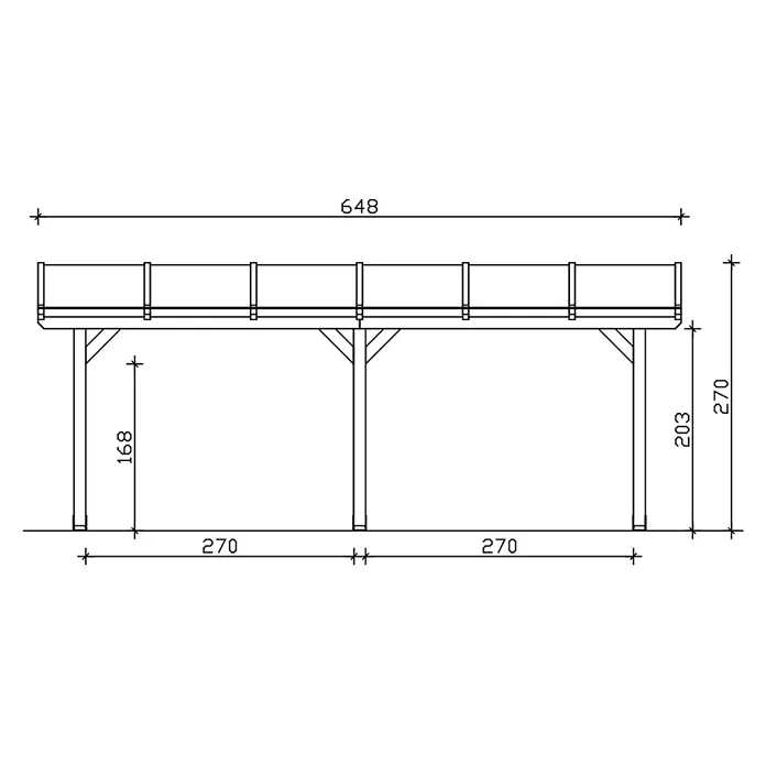 SKAN HOLZ Terrassenüberdachung Andria - B x T: 648 x 350 cm, Weiß, Polycarbonat, Transparent - Technische Zeichnung einer erhöhten Holzplattform mit Geländer und Bemaßungen.