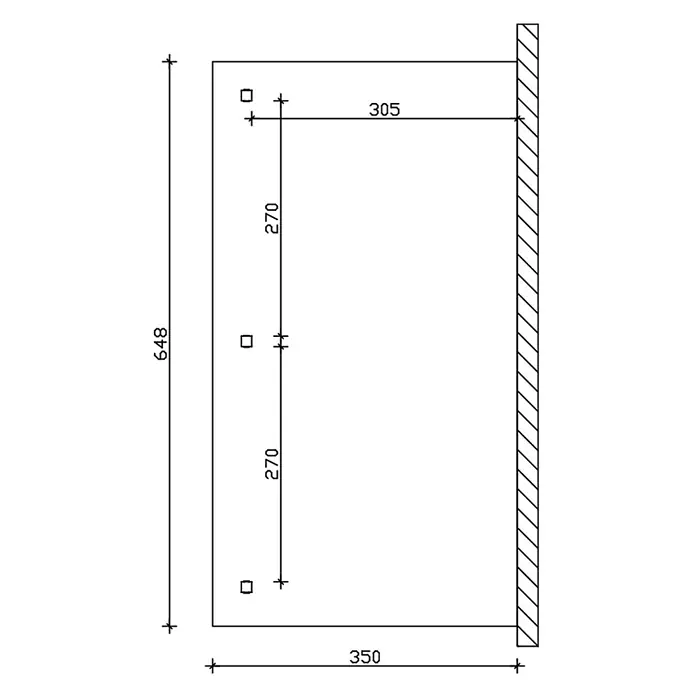 SKAN HOLZ Terrassenüberdachung Andria - B x T: 648 x 350 cm, Weiß, Polycarbonat, Transparent - Montageplan für eine Platte mit drei Bohrlöchern und den Hauptmaßen.