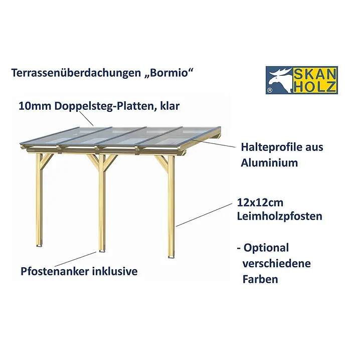 SKAN HOLZ Terrassenüberdachung Bormio - B x T: 648 x 250 cm, Anthrazit, Polycarbonat, Transparent - Terrassenüberdachung „Bormio“ mit 10mm Doppelstegplatten, Aluminiumprofilen und 12x12cm Leimholzpfosten inklusive Anker.