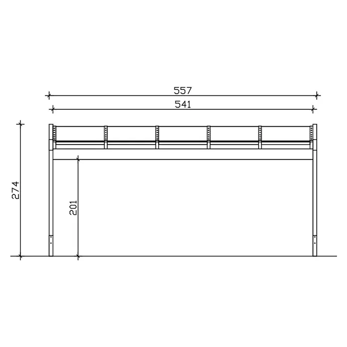 SKAN HOLZ Terrassenüberdachung Novara - B x T: 557 x 259 cm, Schiefergrau, Polycarbonat, Transparent - Technische Zeichnung eines Hochbettrahmens mit Gesamthöhe (274), Plattformhöhe (201) und Längenmaßen (557, 541).