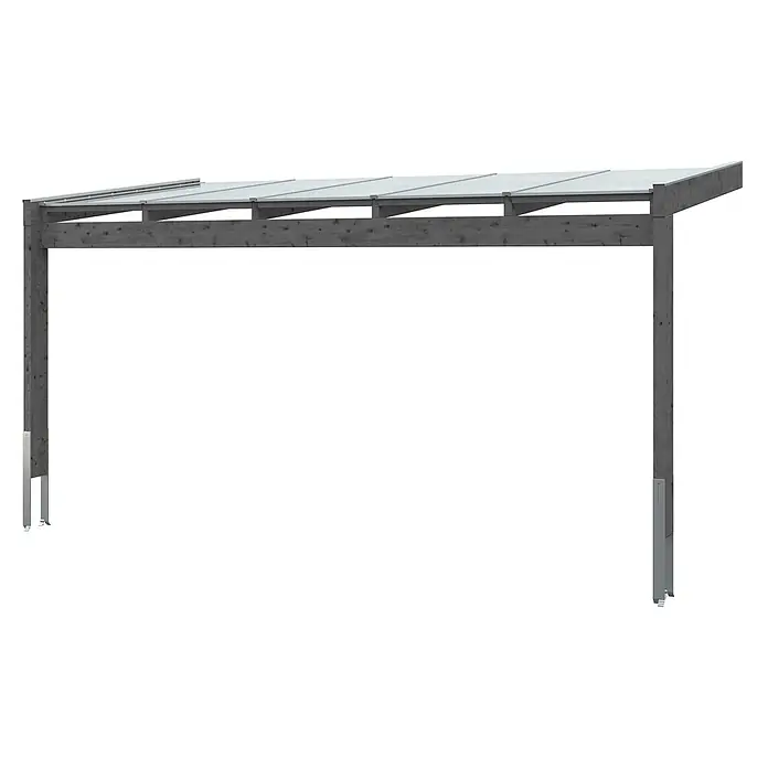 SKAN HOLZ Terrassenüberdachung Novara - B x T: 557 x 259 cm, Schiefergrau, Polycarbonat, Transparent - Graue Holz-Pergola mit durchscheinendem Dach und Metallfußankern.