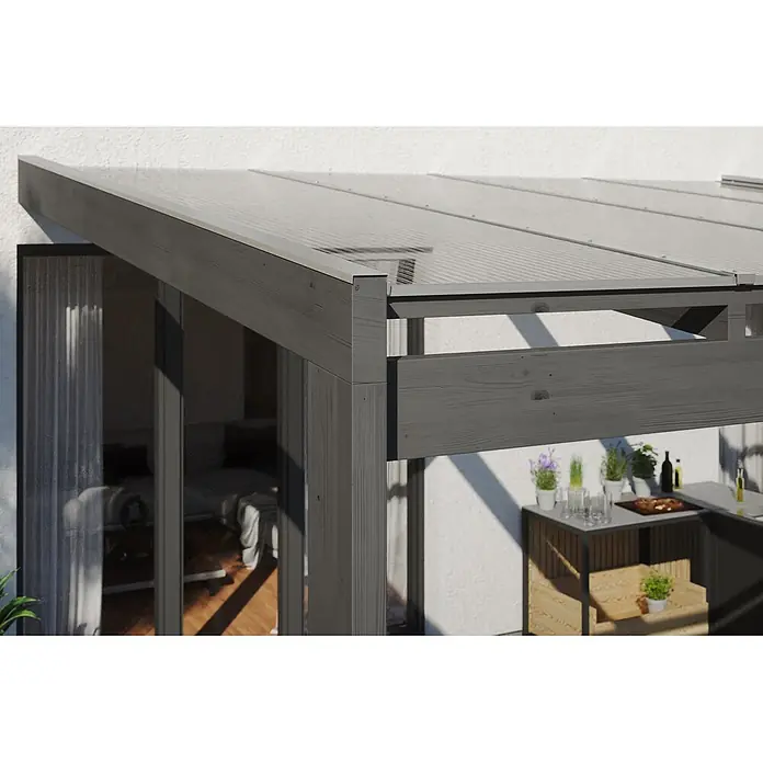 SKAN HOLZ Terrassenüberdachung Novara - B x T: 450 x 359 cm, Schiefergrau, Polycarbonat, Transparent - Dunkelgraue Holzveranda mit transluzenten Wellplattendachpaneelen, als geschützter Außenbereich am Haus.