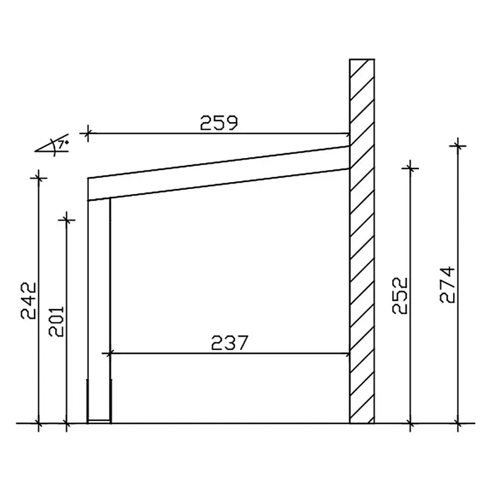 SKAN HOLZ Terrassenüberdachung Novara - B x T: 450 x 259 cm, Natur, Polycarbonat, Transparent - Technische Zeichnung einer Stützkonstruktion mit verschiedenen Maßen und einem 7-Grad-Winkel.