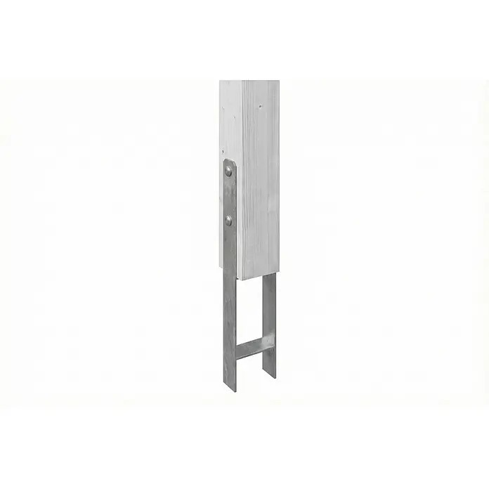 SKAN HOLZ Terrassenüberdachung Siena - B x T: 648 x 350 cm, Weiß, Polycarbonat, Transparent - Verzinkter H-Pfostenträger befestigt einen hellen Holzpfosten mit Schrauben.