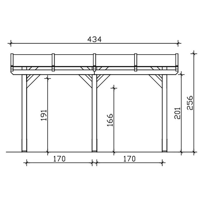 SKAN HOLZ Terrassenüberdachung Siena - B x T: 434 x 250 cm, Natur, Polycarbonat, Transparent - Technische Zeichnung einer erhöhten Holzkonstruktion mit Pfosten und Streben, mit Maßangaben.