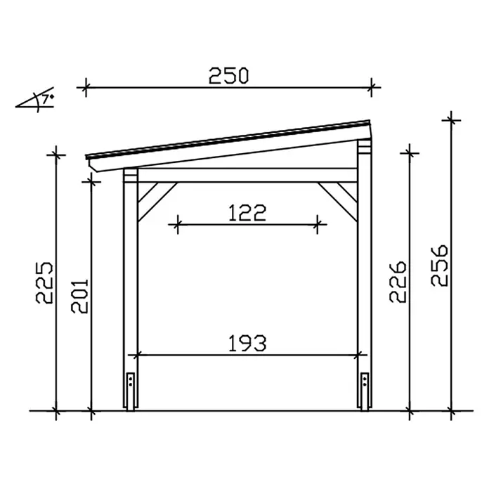 SKAN HOLZ Terrassenüberdachung Siena - B x T: 648 x 250 cm, Natur, Polycarbonat, Transparent - Technische Zeichnung eines Pultdachgestells mit Pfosten, Streben und Maßen, einschließlich 7-Grad-Dachneigung.
