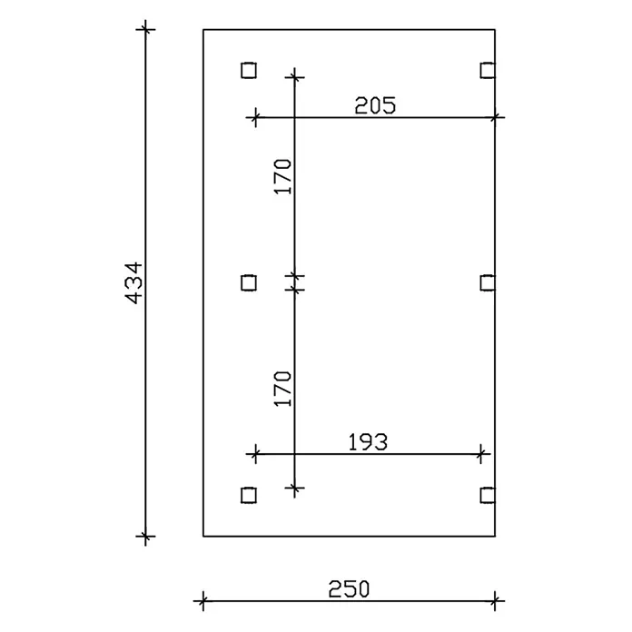 SKAN HOLZ Terrassenüberdachung Siena - B x T: 434 x 250 cm, Natur, Polycarbonat, Transparent - Bemaßte technische Zeichnung einer rechteckigen Platte mit acht quadratischen Aussparungen, inklusive Gesamtmaßen und Lochpositionen.