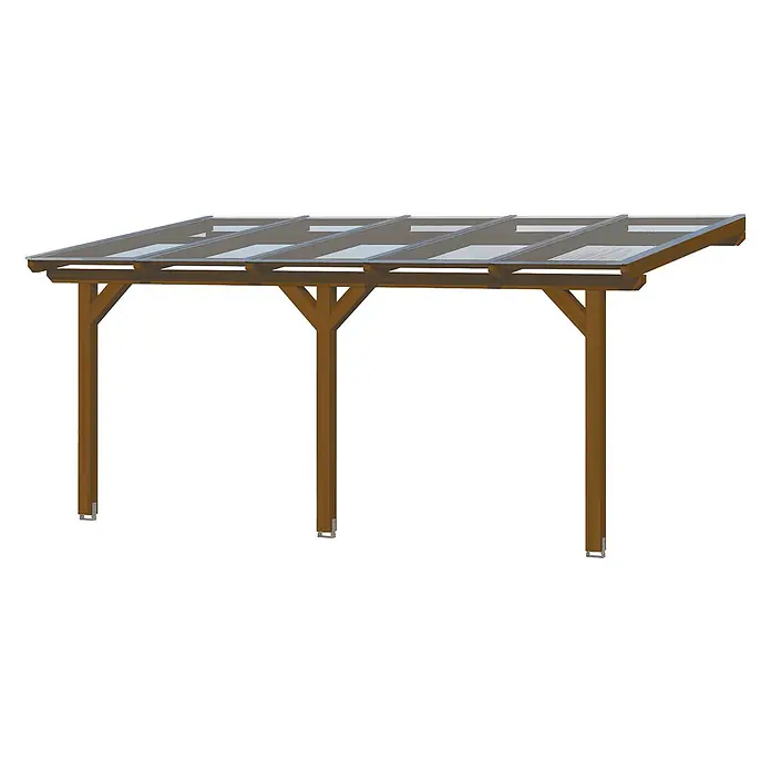 SKAN HOLZ Terrassenüberdachung Andria - B x T: 541 x 250 cm, Nussbaum, Polycarbonat, Transparent - Braune Holzpergola mit klarem Schrägdach und vier Stützpfosten.