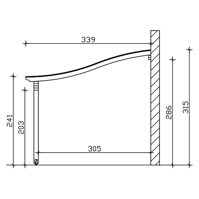 SKAN HOLZ Terrassenüberdachung Verona - B x T: 648 x 339 cm, Eiche hell, Polycarbonat, Transparent - Ein gebogener Haltegriff, der an einer Wand befestigt und von einem vertikalen Pfosten gestützt wird.