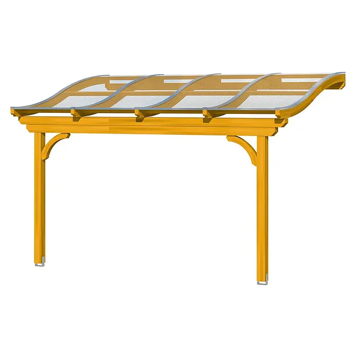 SKAN HOLZ Terrassenüberdachung Verona - B x T: 434 x 389 cm, Eiche hell, Polycarbonat, Transparent - Pergola aus hellem Holz mit gebogenen transparenten Dachpaneelen.