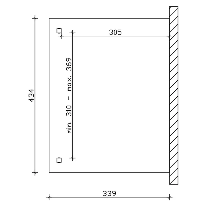 SKAN HOLZ Terrassenüberdachung Verona - B x T: 434 x 339 cm, Weiß, Polycarbonat, Transparent - Montagezeichnung: Gesamt 434x339. Löcher 305 von Wand, vertikal min 310 - max 369.