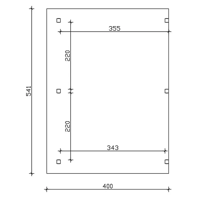 SKAN HOLZ Terrassenüberdachung Siena - B x T: 541 x 400 cm, Natur, Polycarbonat, Transparent - Technische Zeichnung einer rechteckigen Platte, 400x541mm, mit 8 quadratischen Bohrungspositionen und Bemaßung 220, 355, 343mm.