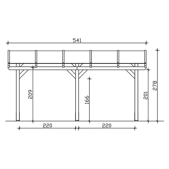 SKAN HOLZ Terrassenüberdachung Siena - B x T: 541 x 400 cm, Natur, Polycarbonat, Transparent - Technische Zeichnung einer erhöhten Plattformstruktur mit detaillierten Maßen für den Bau.