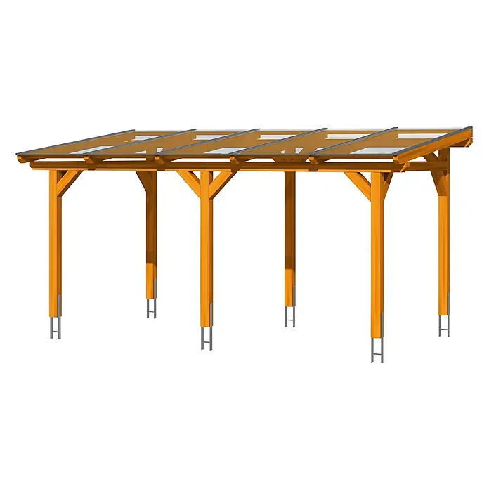SKAN HOLZ Terrassenüberdachung Siena - B x T: 541 x 250 cm, Eiche hell, Polycarbonat, Transparent - Holzpergola mit transparentem Dach, getragen von sechs Pfosten mit Metallankern.