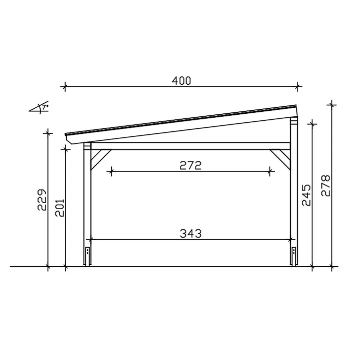SKAN HOLZ Terrassenüberdachung Siena - B x T: 434 x 400 cm, Natur, Polycarbonat, Transparent - Pultdach-Schuppengestell: technische Zeichnung mit Maßen und 7-Grad-Dachneigung.