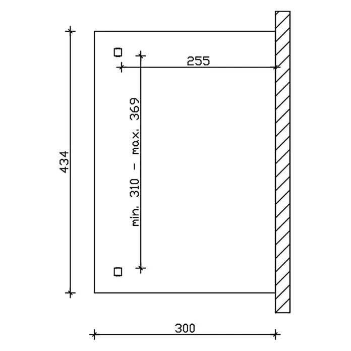 SKAN HOLZ Terrassenüberdachung Ancona - B x T: 434 x 300 cm, Schiefergrau, Polycarbonat, Transparent - Technische Zeichnung mit Montagemaßen für ein rechteckiges Produkt: 300x434mm, Bohrlöcher 255mm von Wand, vertikal 310-369mm.