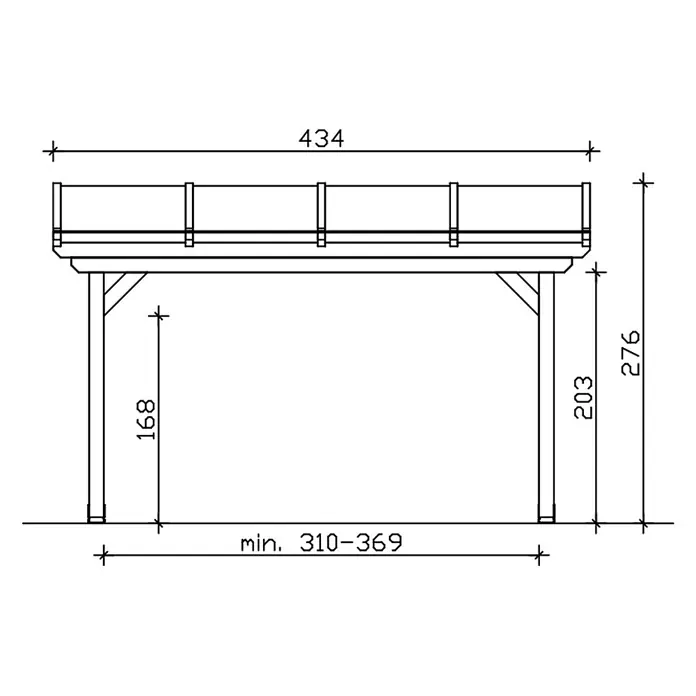 SKAN HOLZ Terrassenüberdachung Ancona - B x T: 434 x 300 cm, Schiefergrau, Polycarbonat, Transparent - Technische Zeichnung einer Holzpergola/Balkons mit Maßen: Breite 434, Gesamthöhe 276, lichte Höhe 203.