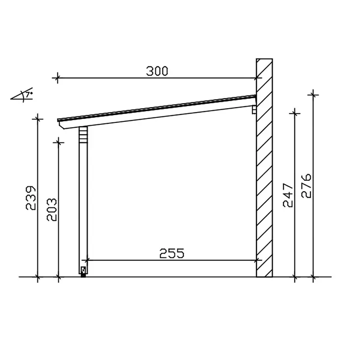 SKAN HOLZ Terrassenüberdachung Ancona - B x T: 434 x 300 cm, Schiefergrau, Polycarbonat, Transparent - Technische Zeichnung einer Pultdachkonstruktion, Seitenansicht mit Maßen für Höhe, Breite und Dachneigung.