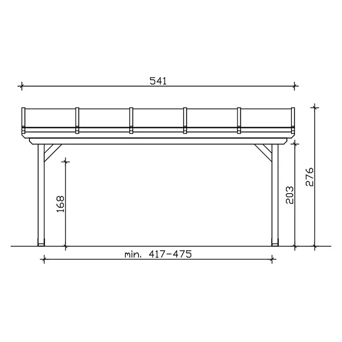 SKAN HOLZ Terrassenüberdachung Ancona - B x T: 541 x 300 cm, Weiß, Polycarbonat, Transparent - Technische Zeichnung einer Überdachungskonstruktion mit Geländer und Hauptmaßen.