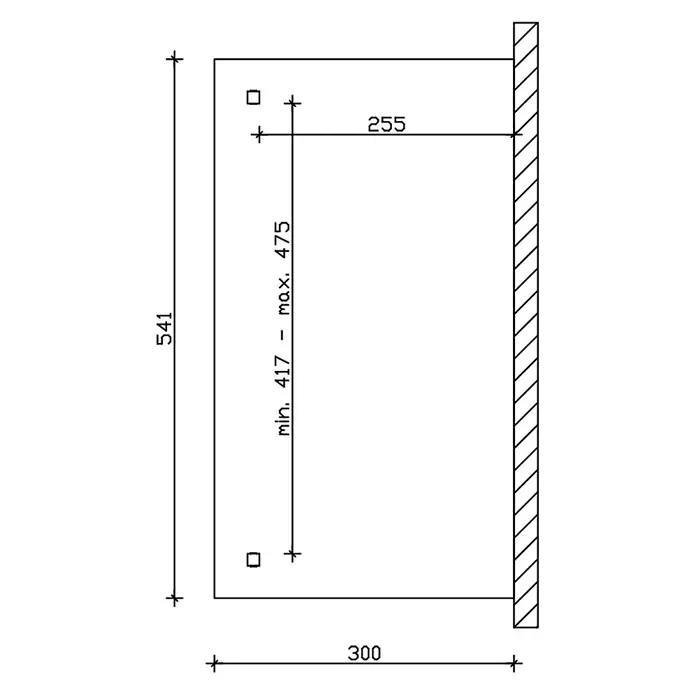 SKAN HOLZ Terrassenüberdachung Ancona - B x T: 541 x 300 cm, Weiß, Polycarbonat, Transparent - Technische Zeichnung mit Maßen (541x300) für Wandmontage, zeigt Befestigungslöcher (255 von Wand, 417-475 vertikal).