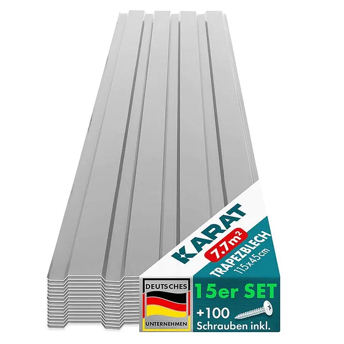 Floordirekt Terrassenüberdachung Trapezblech - 115 x 45 cm - 15er Set - Hellgrau - Blech, Grau - Gestapelte graue Trapezbleche für Dächer, 15er Set inklusive Schrauben.