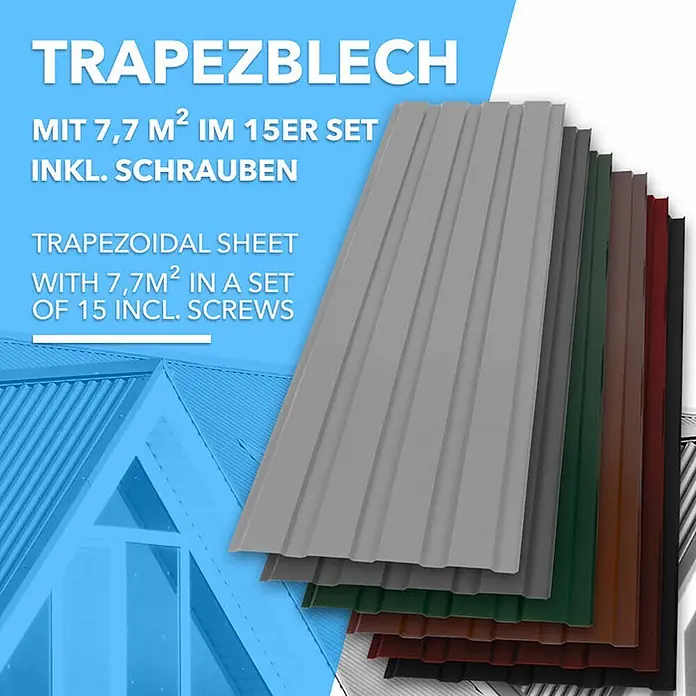 Floordirekt Terrassenüberdachung Trapezblech - 115 x 45 cm - 15er Set - Braun - Blech, Braun - Stapel verschiedenfarbiger Trapezbleche für Dächer, im 15er Set mit 7,7 m² Fläche inkl. Schrauben.