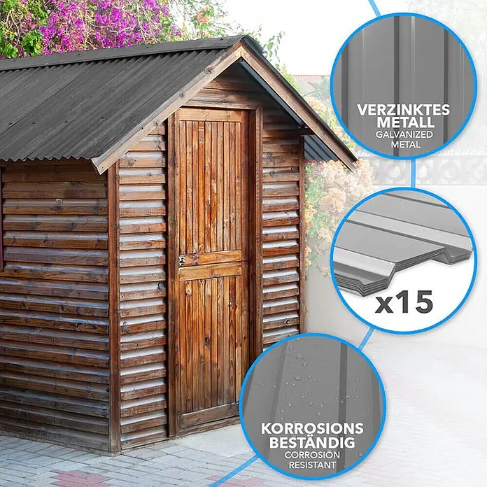 Floordirekt Terrassenüberdachung Trapezblech - 115 x 45 cm - 15er Set - Hellgrau - Blech, Grau - Graue, verzinkte Wellblechdachplatten auf einem Holzschuppen, korrosionsbeständig.