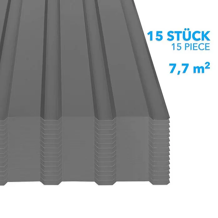 Floordirekt Terrassenüberdachung Trapezblech - 115 x 45 cm - 15er Set - Hellgrau - Blech, Grau - Stapel von 15 dunkelgrauen Wellblechplatten, 7,7 m² Gesamtfläche.