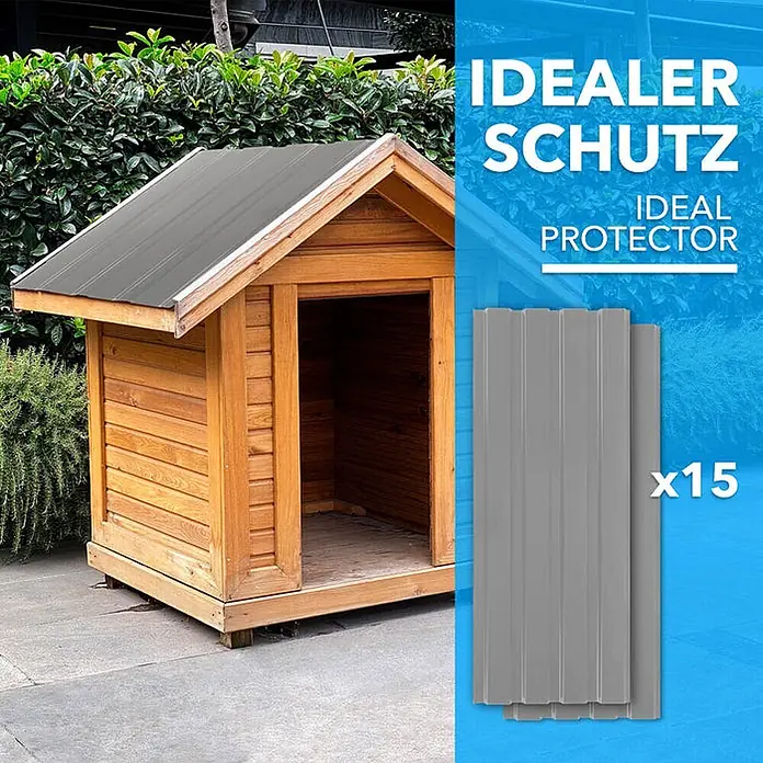 Floordirekt Terrassenüberdachung Trapezblech - 115 x 45 cm - 15er Set - Hellgrau - Blech, Grau - Fünfzehn graue Wellblech-Dachpaneele, ein idealer Schutz, dargestellt mit einer Holzhütte.