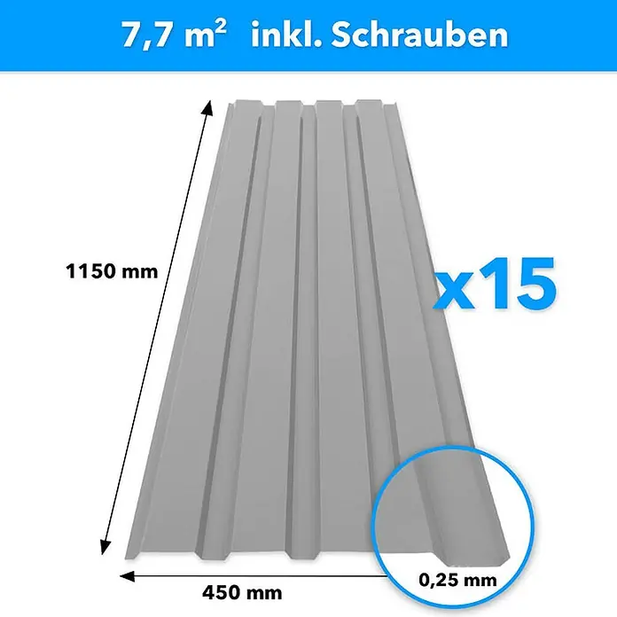 Floordirekt Terrassenüberdachung Trapezblech - 115 x 45 cm - 15er Set - Hellgrau - Blech, Grau - Graue Wellblechplatten für Dächer oder Wände, inklusive Schrauben.