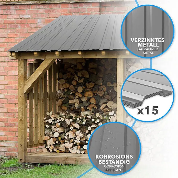 Floordirekt Terrassenüberdachung Trapezblech - 115 x 45 cm - 15er Set - Hellgrau - Blech, Grau - Hölzerner Holzunterstand mit grauem verzinktem Metalldach, gefüllt mit Brennholz.