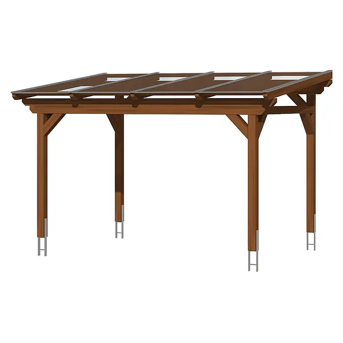 SKAN HOLZ Terrassenüberdachung Sanremo - B x T: 434 x 300 cm, Nussbaum, Polycarbonat, Transparent - Braune Holzpergola mit transparenten Dachplatten und Metallpfostenankern für den Außenschutz.