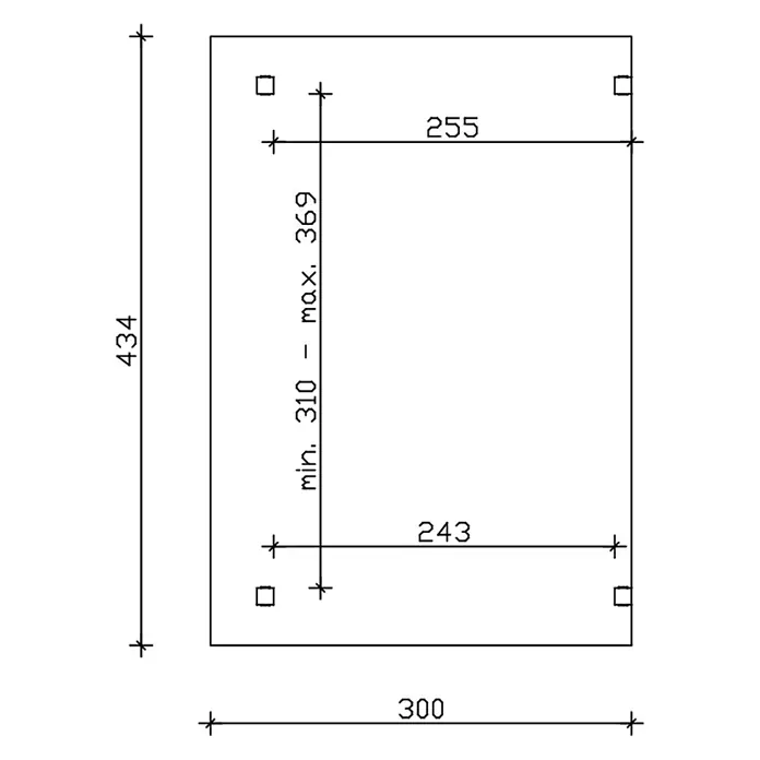 SKAN HOLZ Terrassenüberdachung Sanremo - B x T: 434 x 300 cm, Nussbaum, Polycarbonat, Transparent - Technische Zeichnung einer rechteckigen Platte mit vier Ecklöchern, mit Gesamtmaßen (300x434) und Innenabständen.