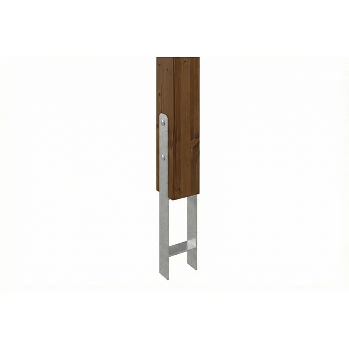 SKAN HOLZ Terrassenüberdachung Sanremo - B x T: 648 x 350 cm, Nussbaum, Polycarbonat, Transparent - Brauner Holzpfosten in einem silbernen, feuerverzinkten H-Pfostenträger, mit Schrauben befestigt.