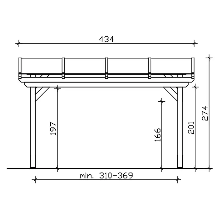 SKAN HOLZ Terrassenüberdachung Sanremo - B x T: 434 x 300 cm, Anthrazit, Polycarbonat, Transparent - Technische Zeichnung einer erhöhten Plattform mit Stützpfosten und Geländer, inklusive detaillierter Maße.