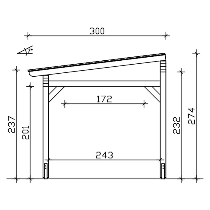 SKAN HOLZ Terrassenüberdachung Sanremo - B x T: 648 x 300 cm, Schiefergrau, Polycarbonat, Transparent - Technische Seitenansicht eines Pultdaches mit Maßen und 7-Grad-Dachneigung.