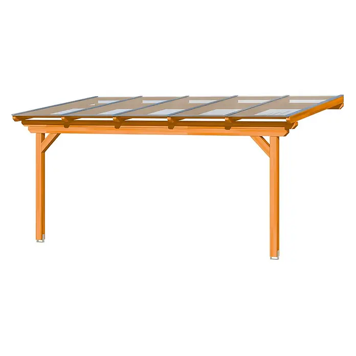 SKAN HOLZ Terrassenüberdachung Ancona - B x T: 541 x 350 cm, Eiche hell, Polycarbonat, Transparent - Hölzerner Carport mit hellbraunem Rahmen und lichtdurchlässigen Dachplatten.